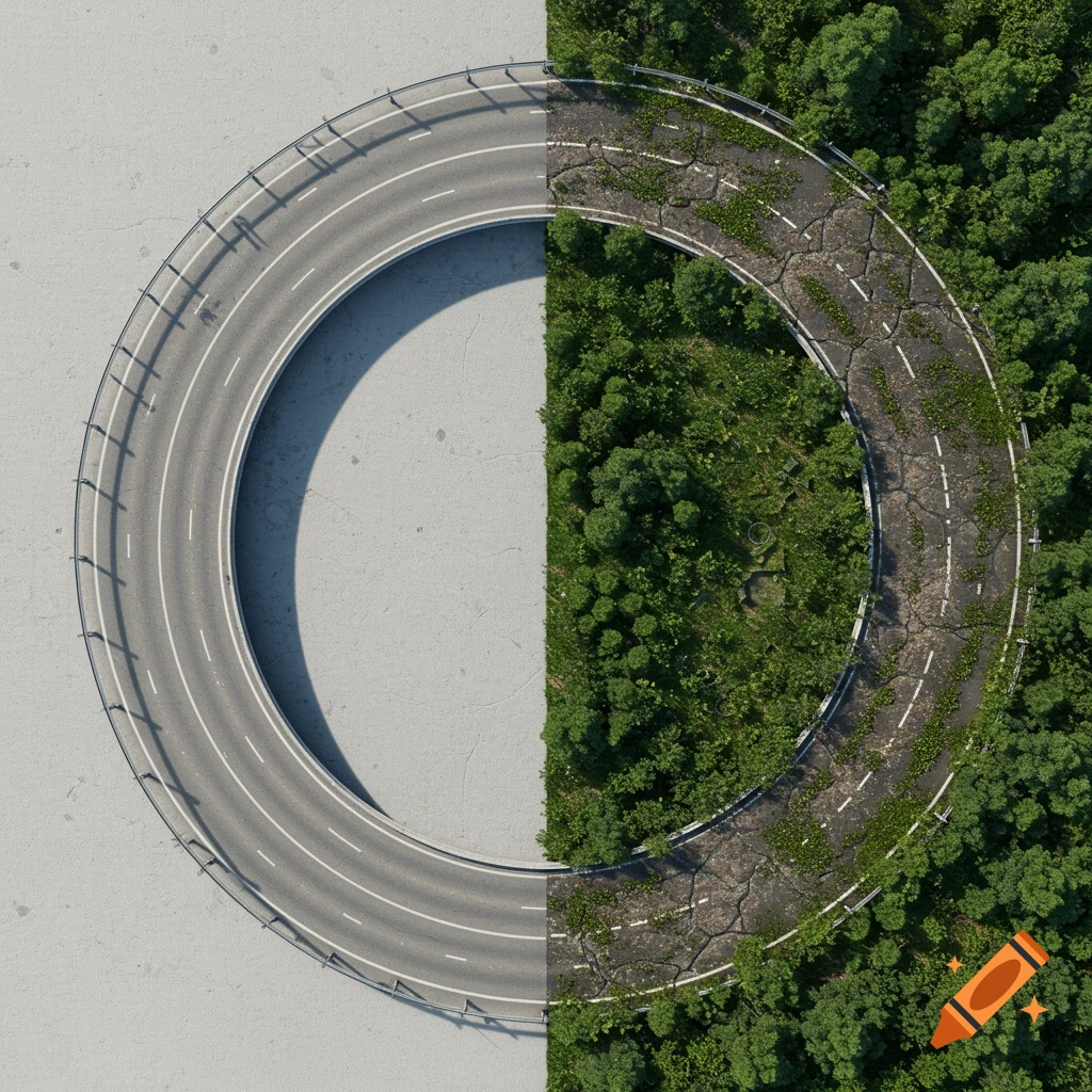 Aerial view of a circular road, half new asphalt, half old, cracked, and overgrown with trees and grass.