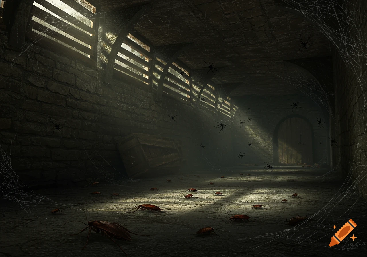 A dark, gloomy stone cellar or dungeon filled with numerous spiders and cockroaches, with light streaming through barred windows.