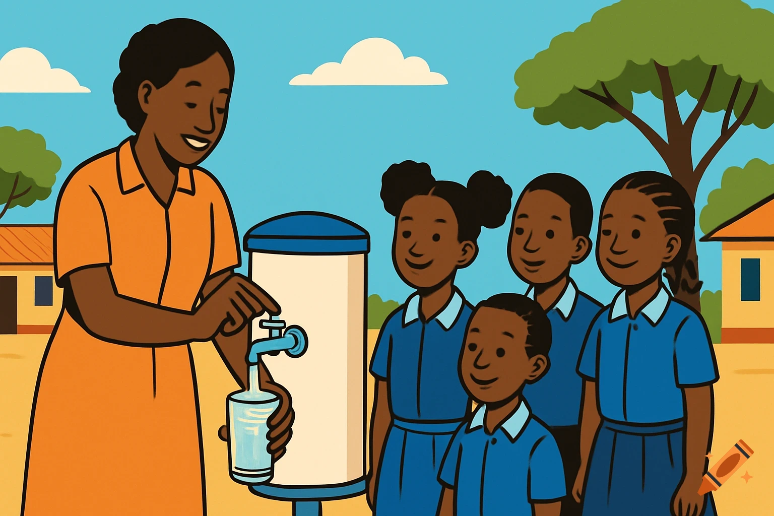 A vector illustration of an African teacher demonstrating a clean water facility to smiling school children in a sunny schoolyard.