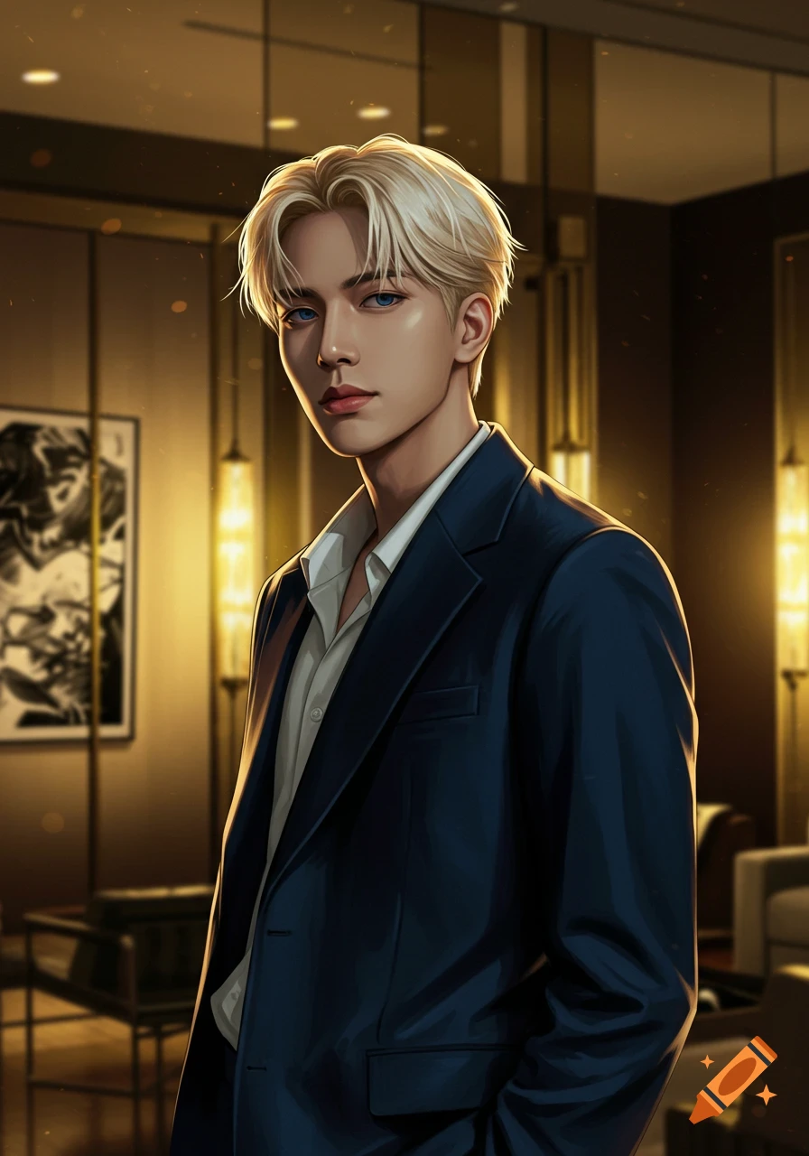 Anime-style digital art of a blonde man with blue eyes in a dark blue suit jacket, posing in a luxurious, warmly lit interior.