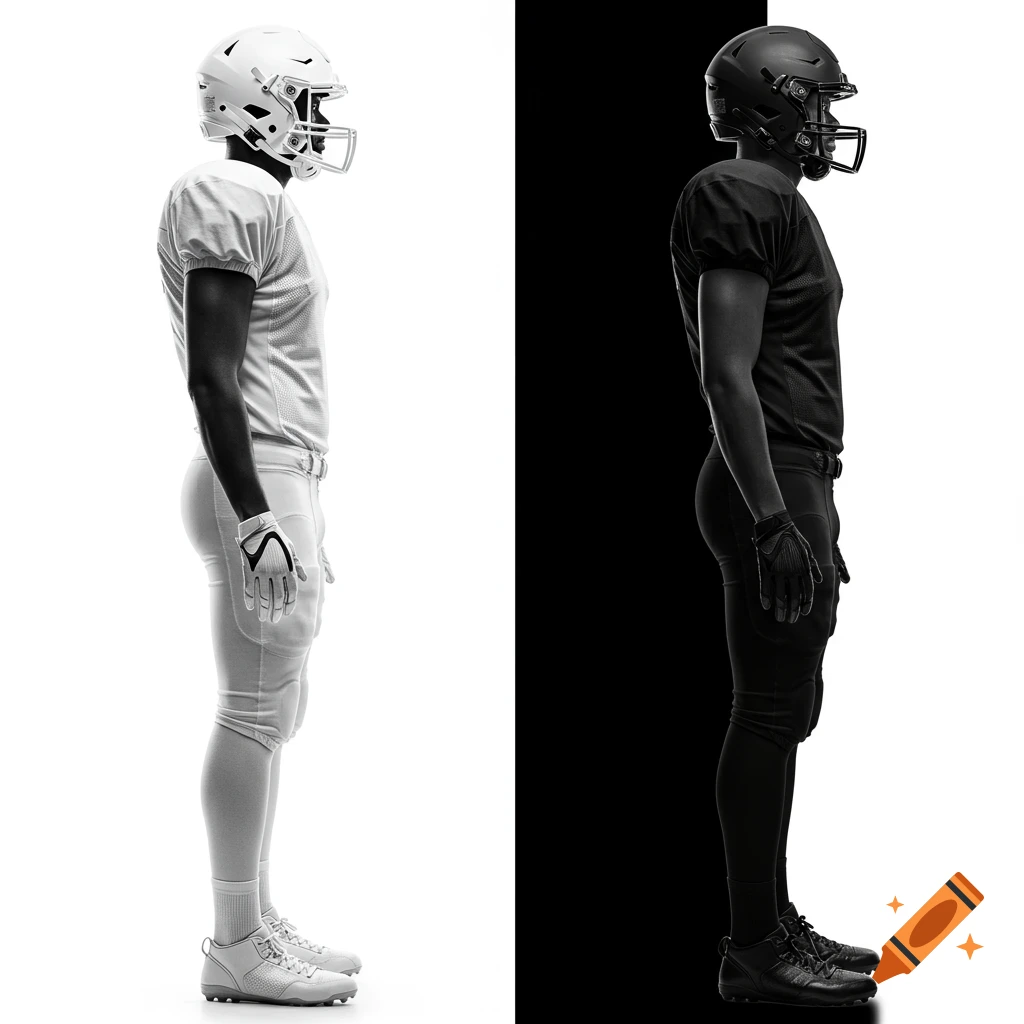 Side view of two identical American football players, one in white uniform on a white background, the other in black uniform on a black background.