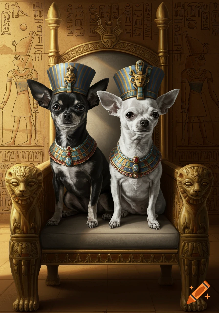 Two chihuahuas wearing ancient Egyptian pharaoh hats and collars sit regally on a golden throne with hieroglyphics.