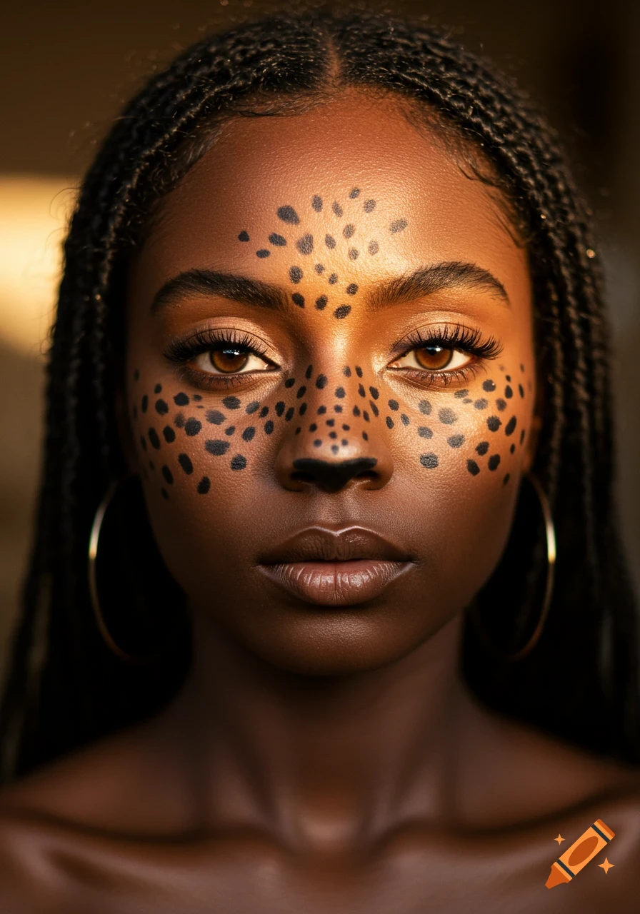 Close-up photorealistic portrait of a young woman with dark skin, braided hair, cheetah spot face paint, and gold hoop earrings.