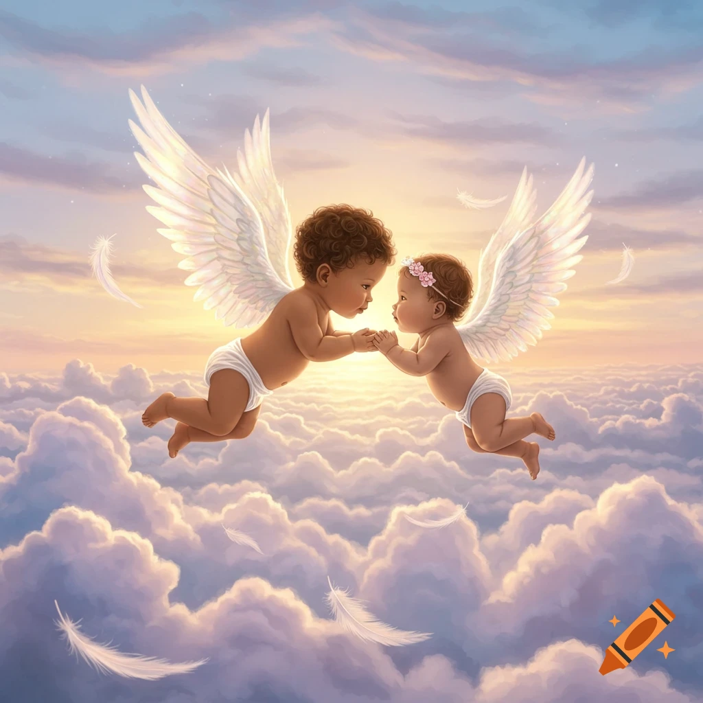 Two dark-skinned angel babies with wings, a boy and a girl, fly hand-in-hand above clouds at sunset.
