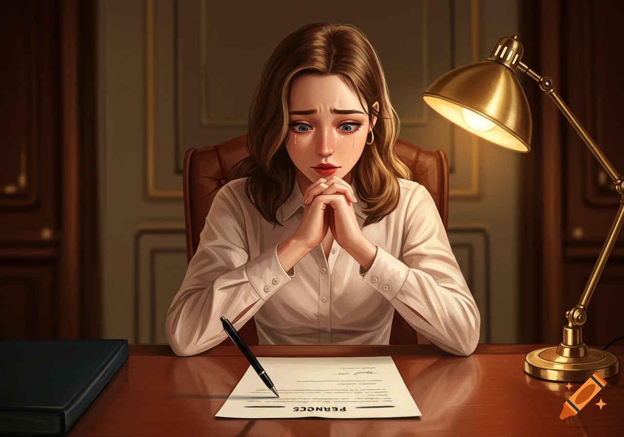 Digital art of a crying woman sitting at a desk, looking at a document with a pen, illuminated by a desk lamp.