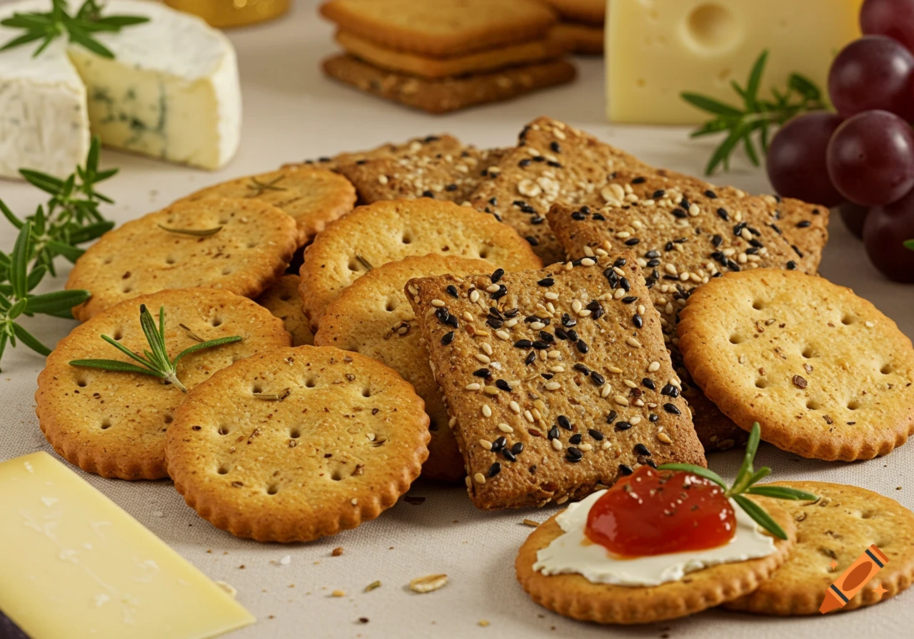 An assortment of crackers, some plain, some with seeds, served with various cheeses, grapes, and rosemary on a light surface.