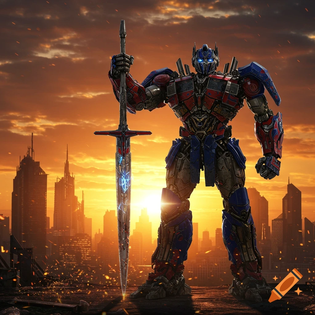 Photorealistic Optimus Prime stands with a glowing sword in a destroyed cityscape at sunset.