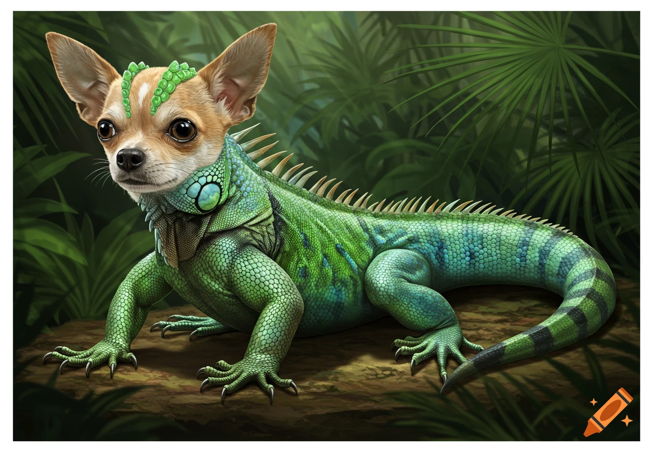 Photorealistic image of a chihuahua head on a green and blue iguana body, sitting on a branch in a lush jungle.