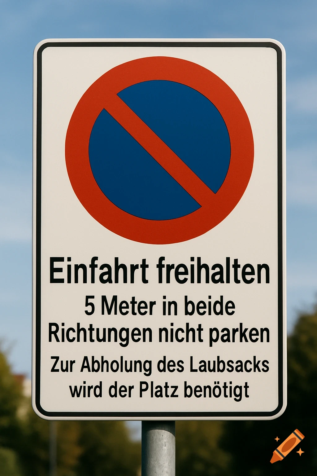 A clear German no parking traffic sign with a red circle and blue slash, and specific text below against a blue sky.