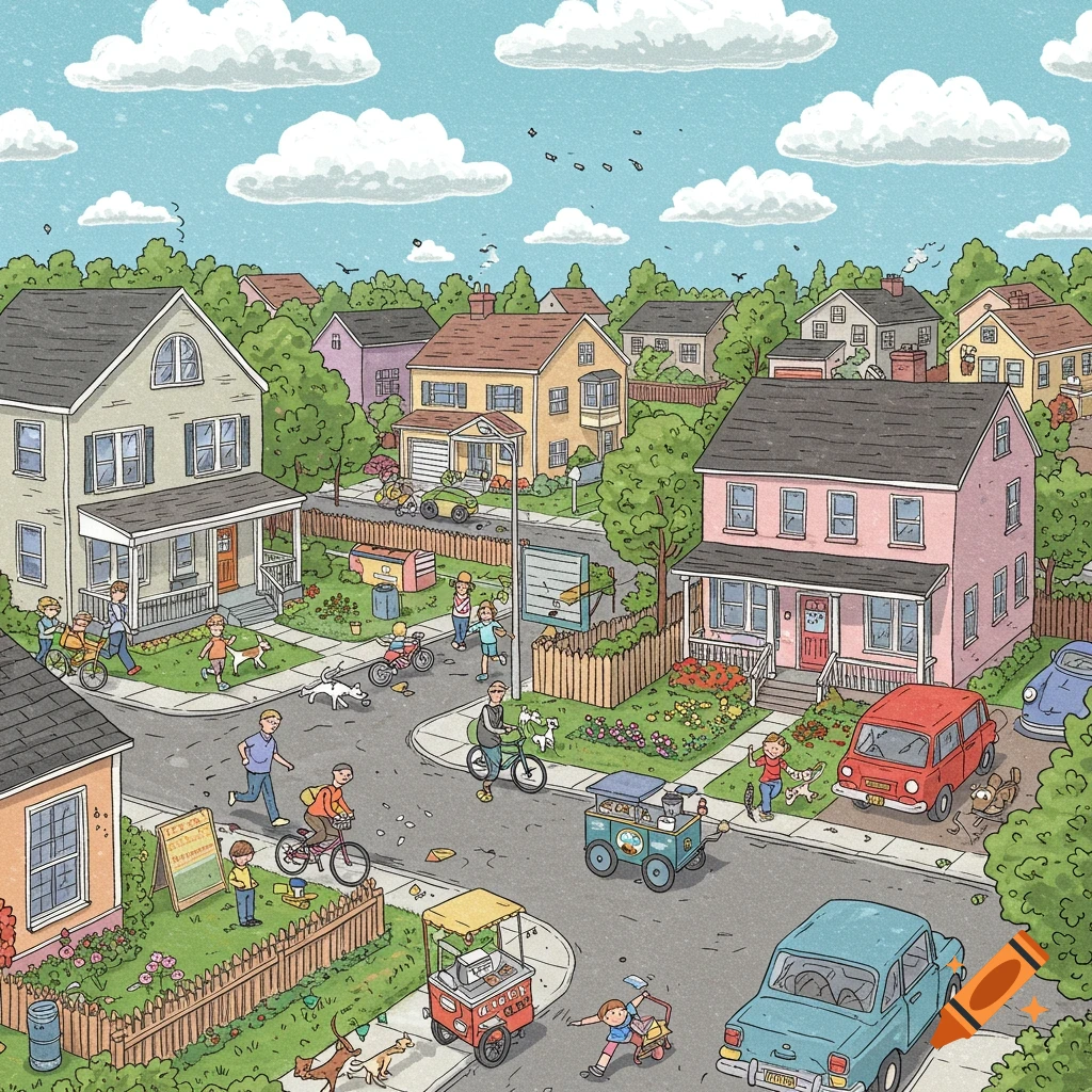 A detailed illustration of a bustling suburban street with houses, cars, children playing, and people walking and biking.