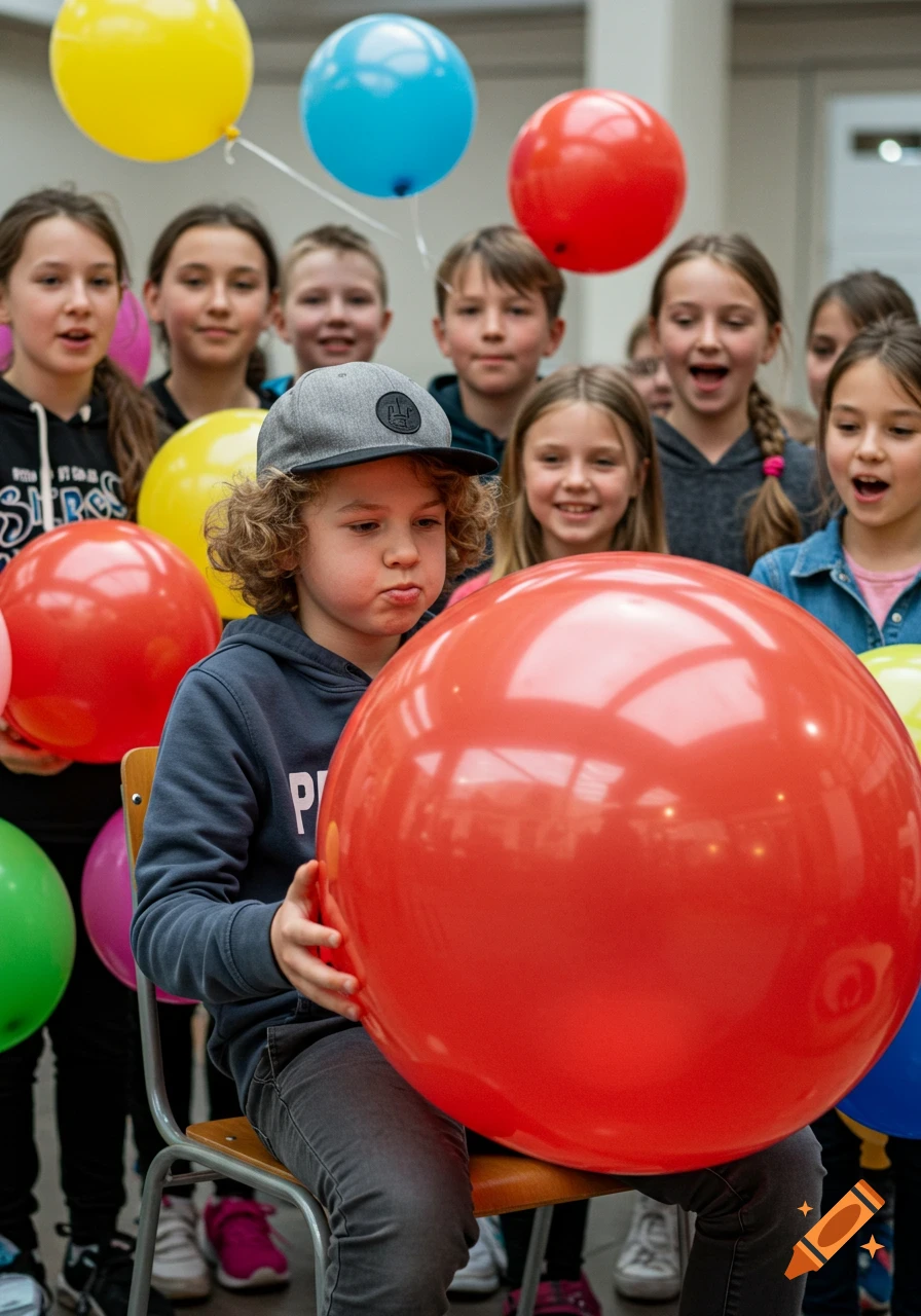 A boy in a cap sits on a chair, puffing his cheeks to inflate a large red balloon, surrounded by other children and colorful balloons.