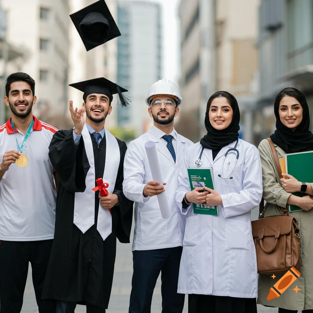 Five smiling young Iranians in various professional attires: an athlete with a medal, a graduate throwing a cap, an architect, and two doctors, on a city street.