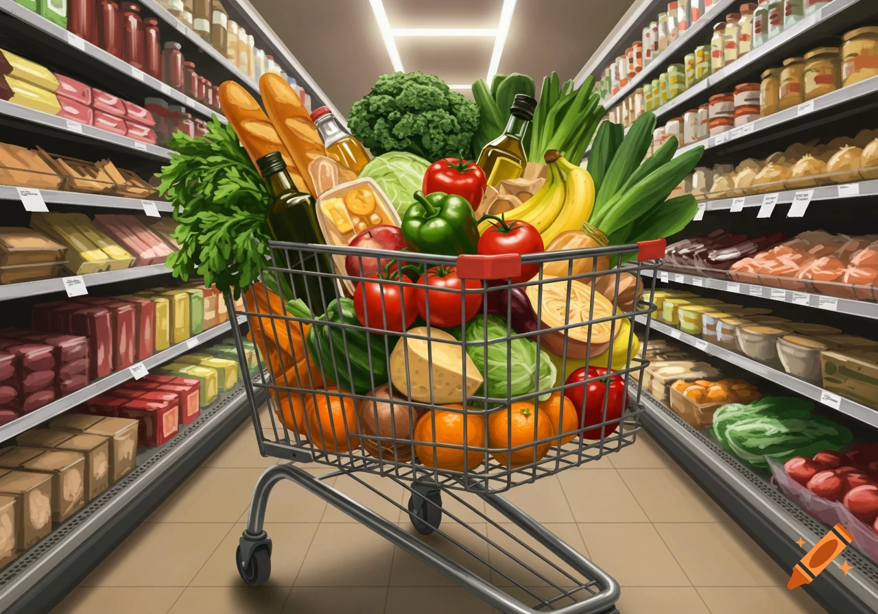 An overflowing grocery cart filled with colorful fruits, vegetables, bread, and bottles in a supermarket aisle, illustrated.