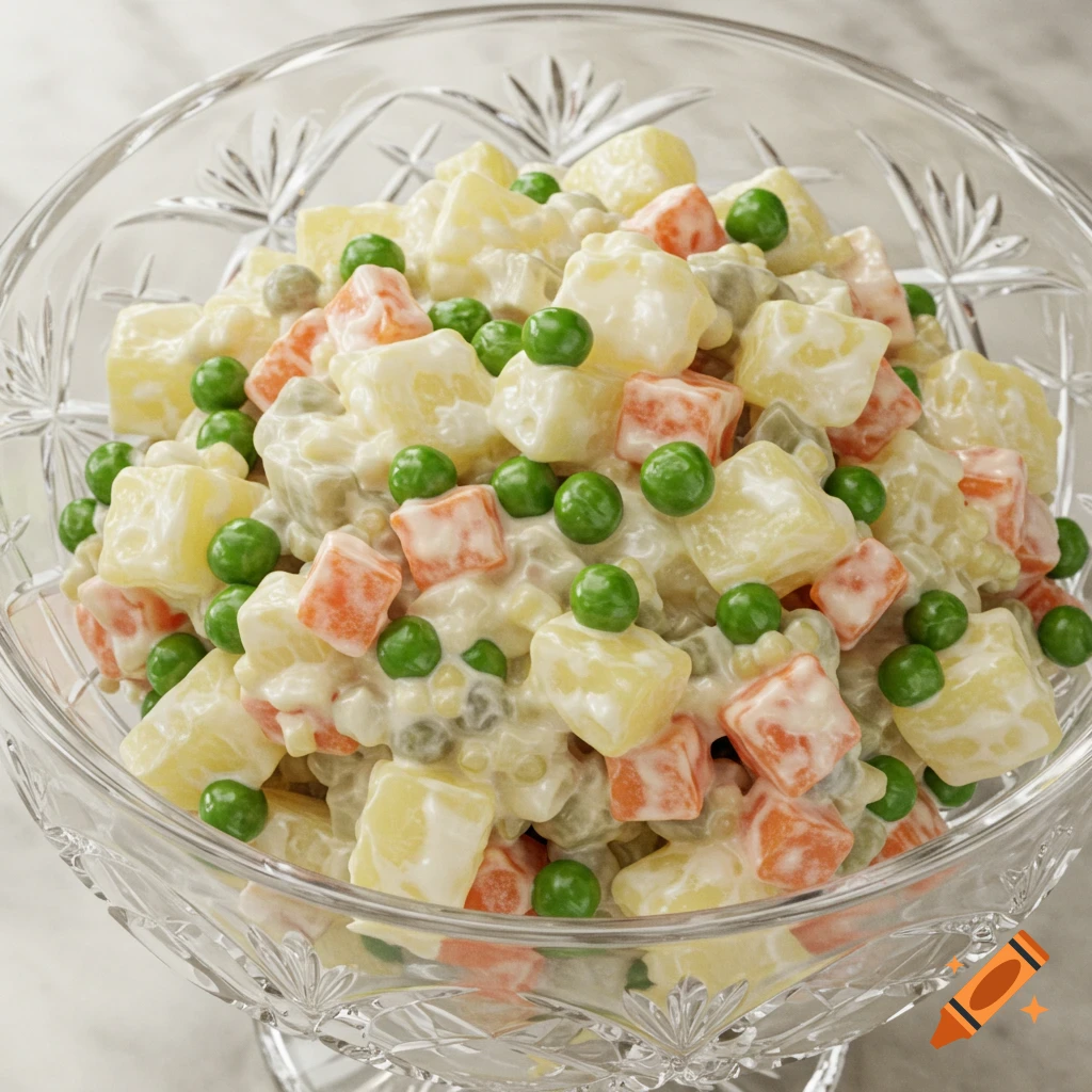 Hyperrealistic photograph of classic Russian Olivier salad in a decorative crystal bowl, filled with diced potatoes, carrots, and peas mixed in a creamy dressing.