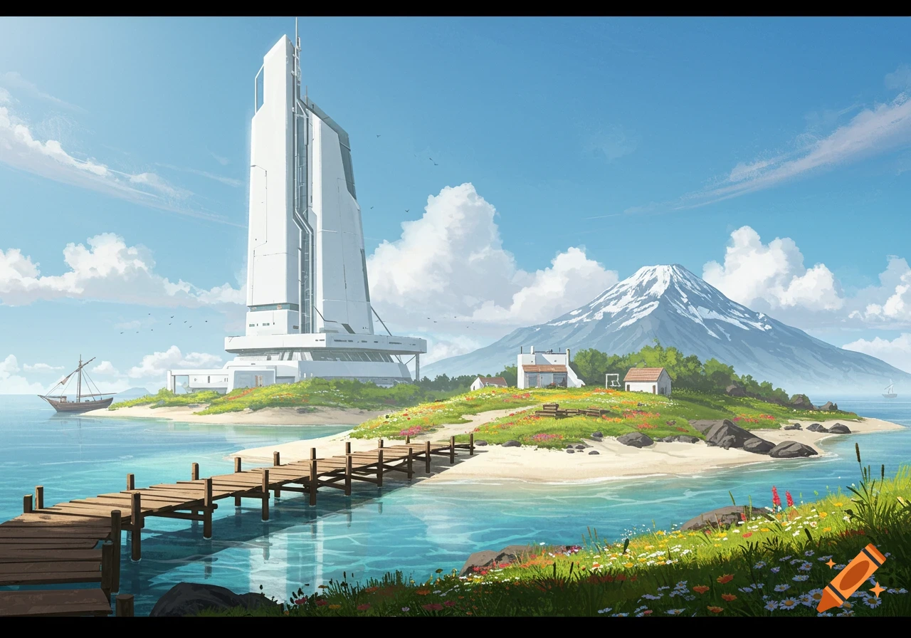 A bright sunny art illustration of a large white futuristic tower on a flower-covered island with a wooden dock, ocean, and a snow-capped mountain.