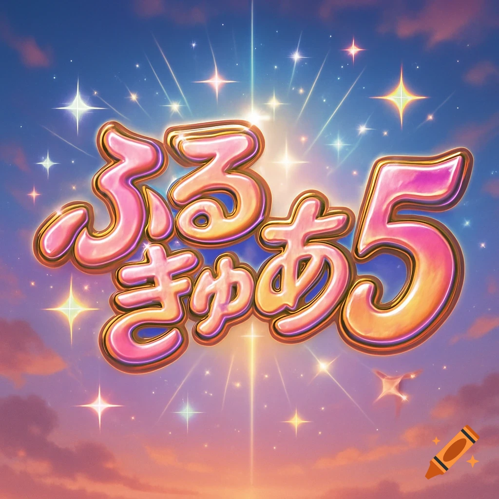 Vibrant pink and gold stylized Japanese logo 'Furu Kyua 5' against a sparkling blue and orange anime sky.