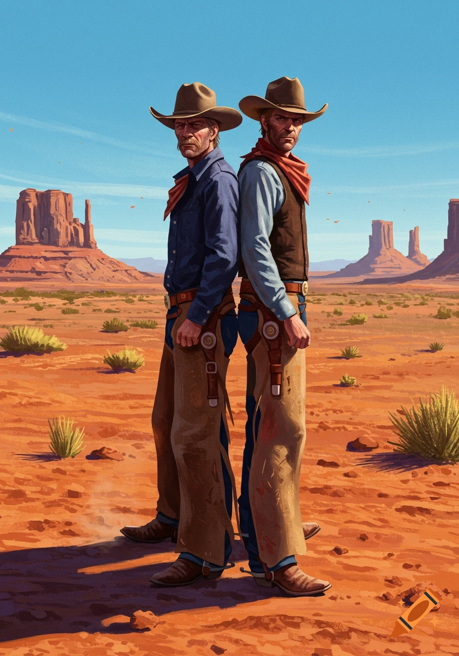 Two stern cowboys stand back-to-back in a vast desert landscape with mesa formations under a clear blue sky, in a stylized illustration.