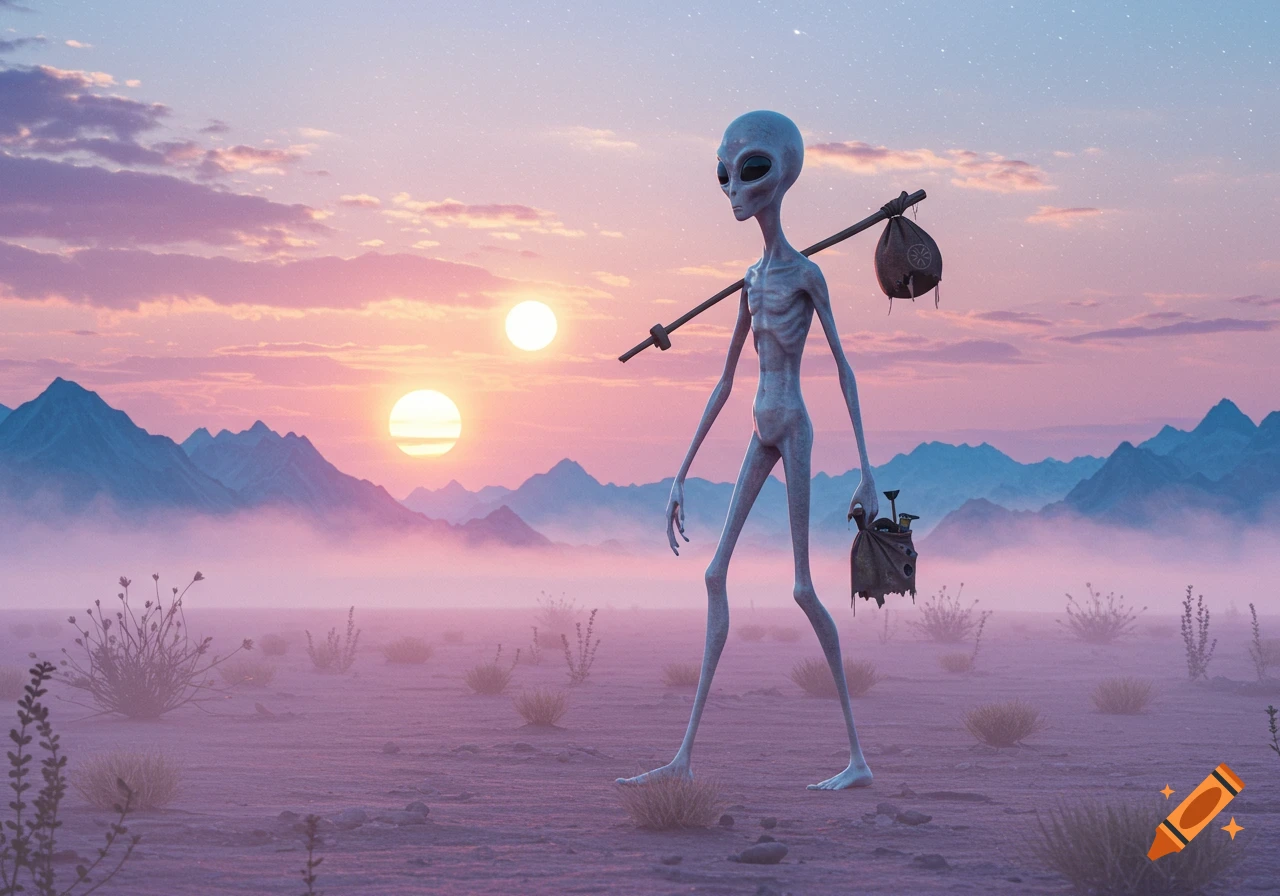 A slender grey alien walks through a vast desert with two suns, carrying a bindle over its shoulder and a small bag.