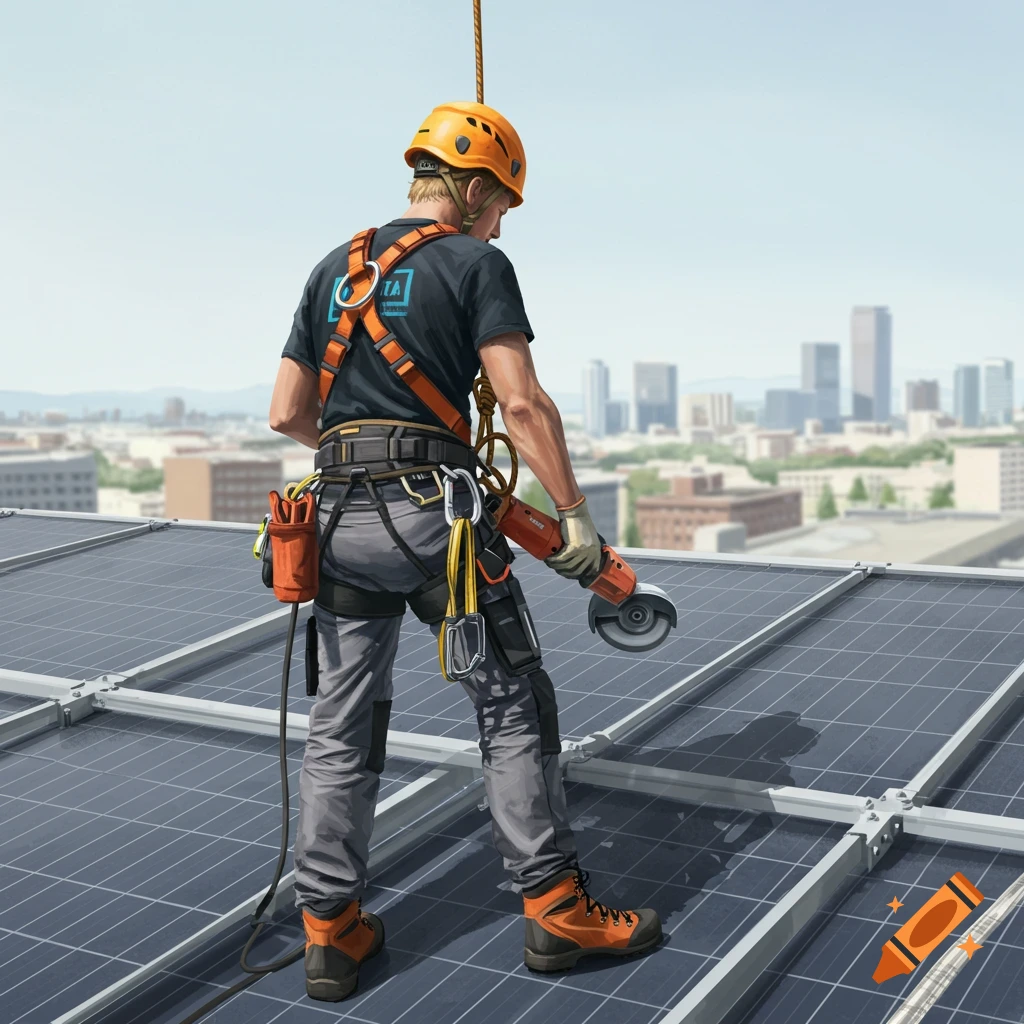An industrial climber, viewed from behind, works on a rooftop solar panel array, wearing an orange helmet, black t-shirt, gray pants, and an orange harness, holding an angle grinder, with a city skyline in the background.