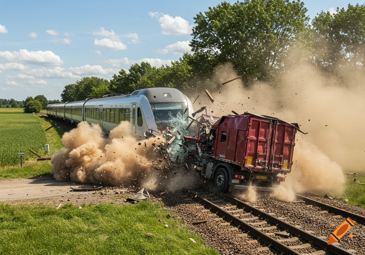 A photorealistic image of a train colliding with a red truck at a rural level crossing, with debris and dust exploding outwards.
