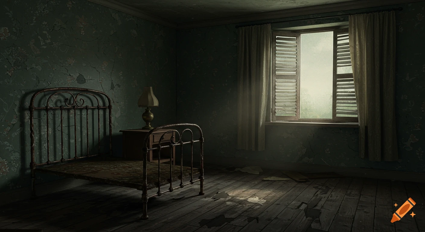 An old, derelict room with a rusty iron bed, a lamp on a nightstand, and a window with shutters and curtains, casting light on the worn wooden floor.