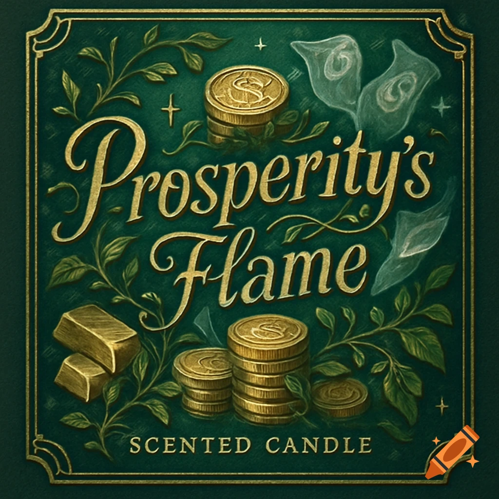 Ornate green and gold candle label for 'Prosperity's Flame Scented Candle' with coins, gold bars, and swirling leaves.