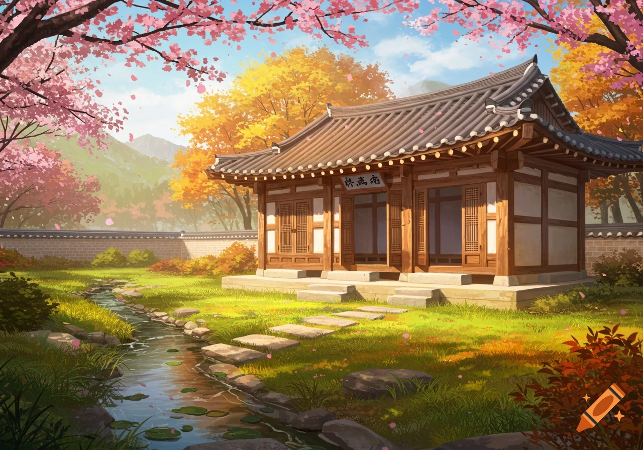 A traditional Korean house sits in a vibrant garden with pink cherry blossoms, a flowing stream, and a stone path under a blue sky.