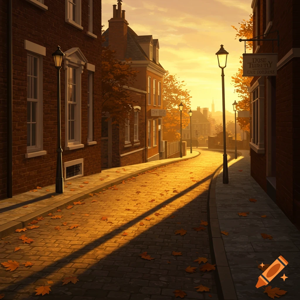 An autumn street with fallen leaves on cobblestones and brick buildings, bathed in warm golden light from a low sun.