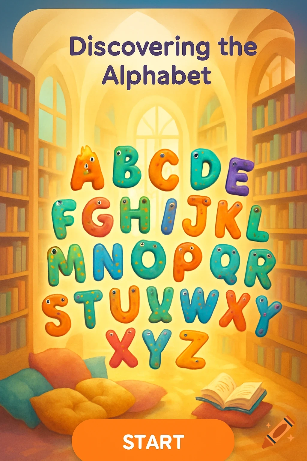 Colorful 3D alphabet letters A-Z are displayed in a cartoon library with 'Discovering the Alphabet' text and a 'START' button.
