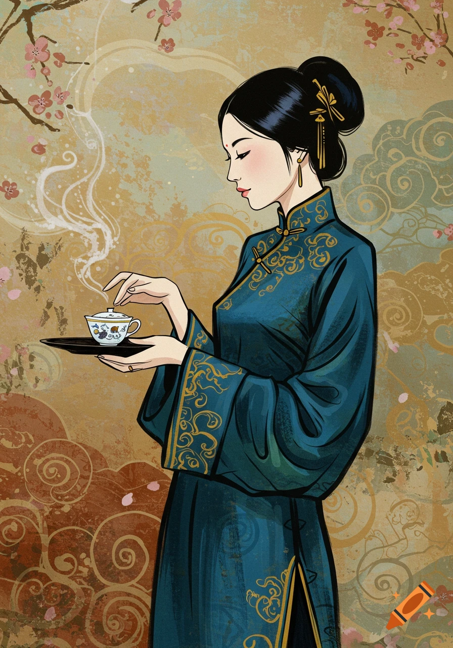 A stylized illustration of an Asian lady in traditional attire serving tea, with cherry blossoms and abstract background.