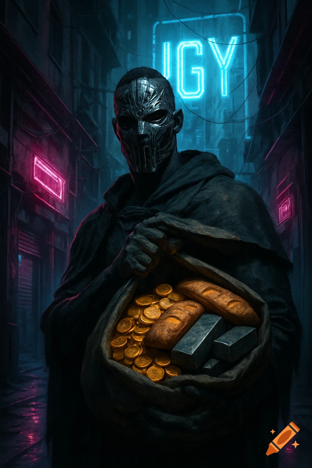Masked figure in a dark, neon-lit cyberpunk alley holds a sack brimming with gold coins, bread, and metal ingots.
