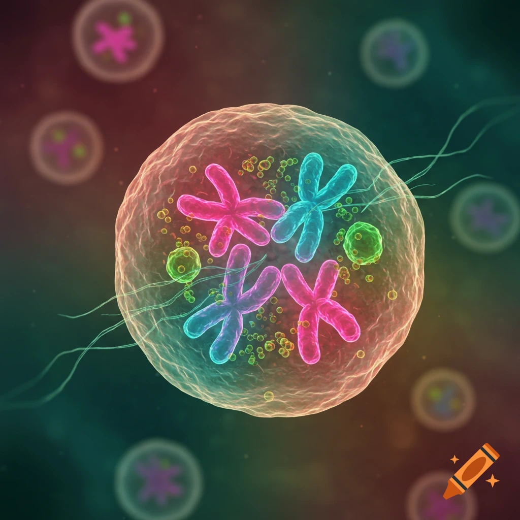 Vibrant stylized illustration of a cell undergoing division, with colorful X-shaped chromosomes and cellular structures.