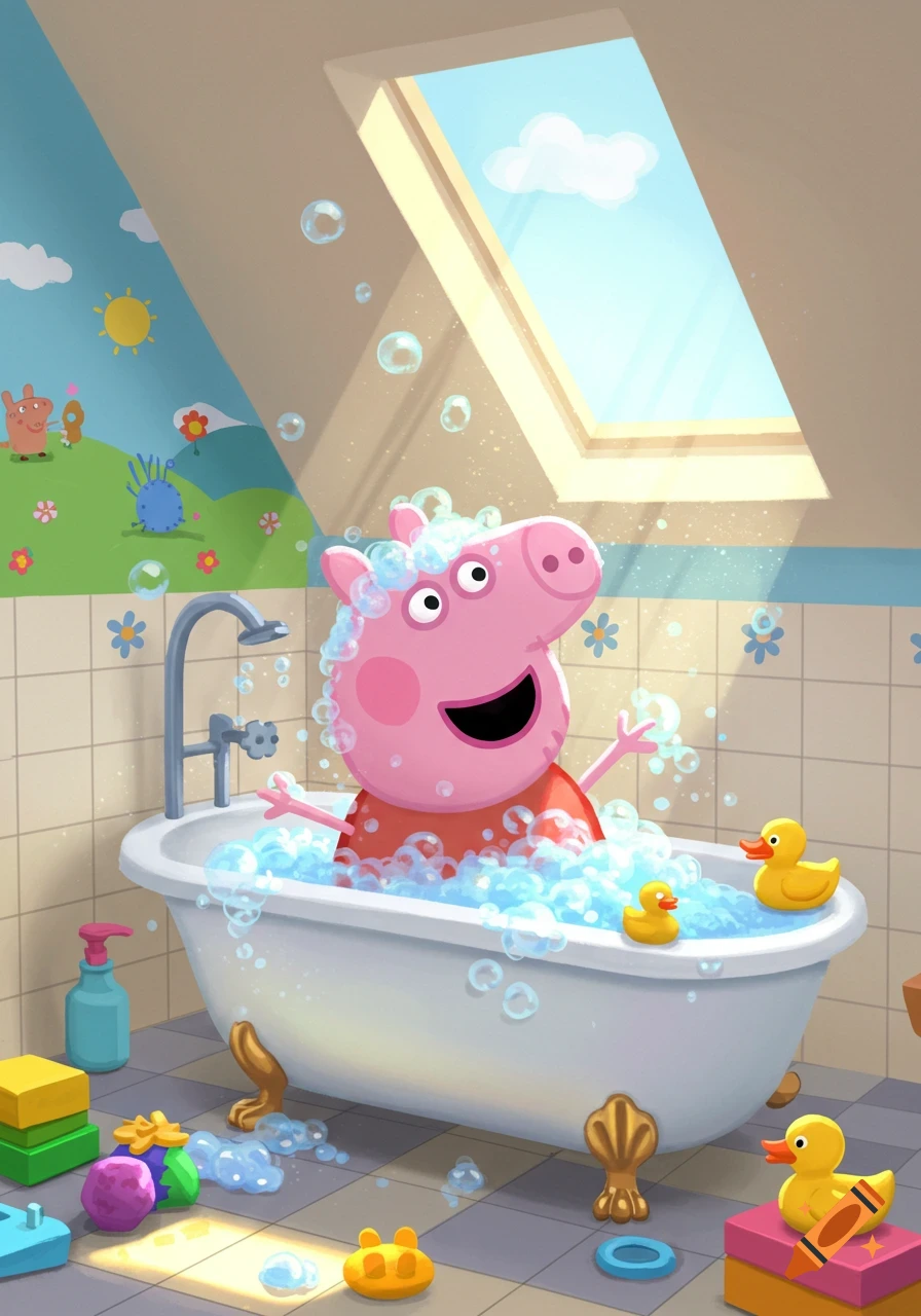 Peppa Pig smiling happily in a bubble bath with rubber ducks and toys in a bright cartoon bathroom.
