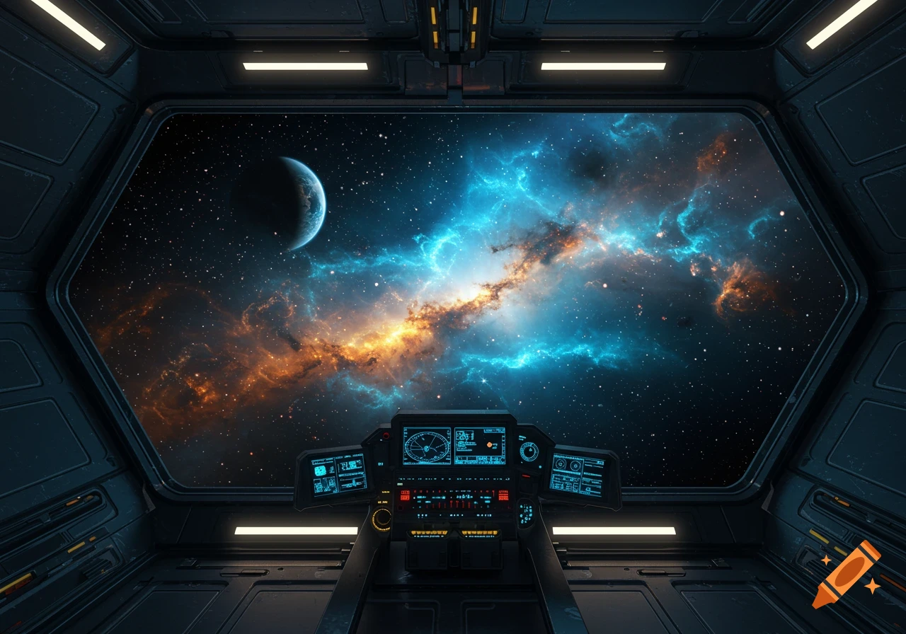 A detailed view from a spaceship cockpit, looking out at a vibrant nebula and a crescent planet in deep space.
