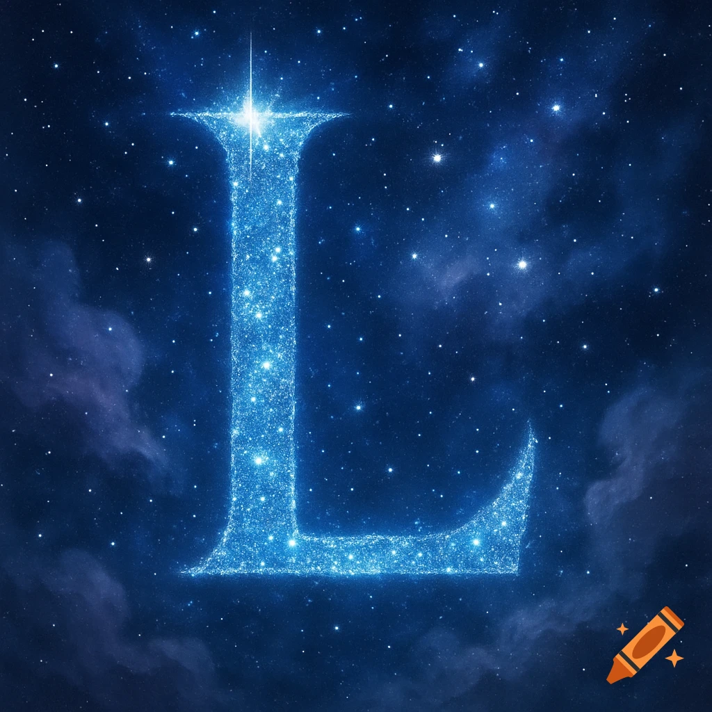 A shimmering blue letter L made of stars against a dark blue cosmic sky with nebulae.