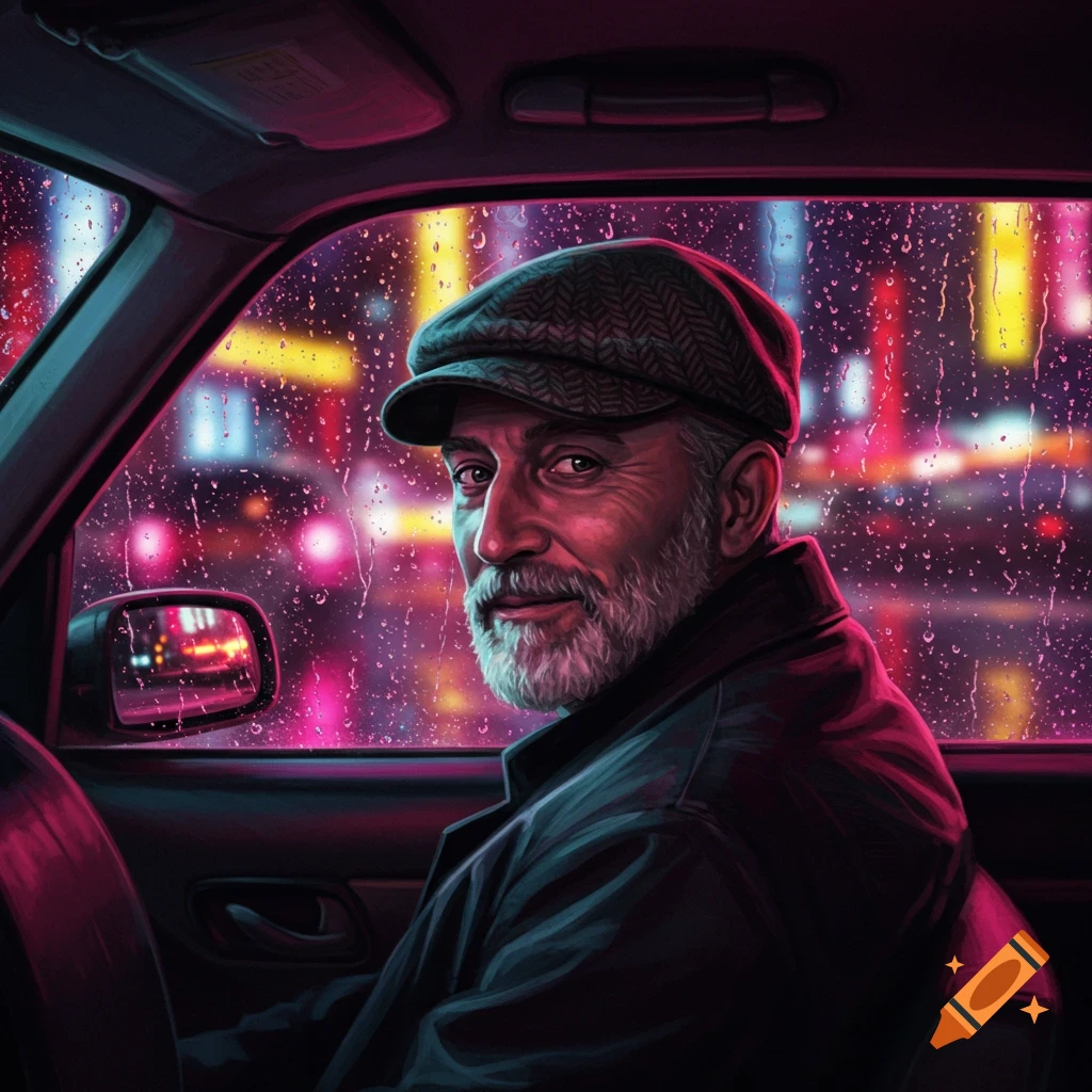 A man with a beard and a flat cap looks back from the driver's seat of a car on a rainy city night, lit by neon signs.