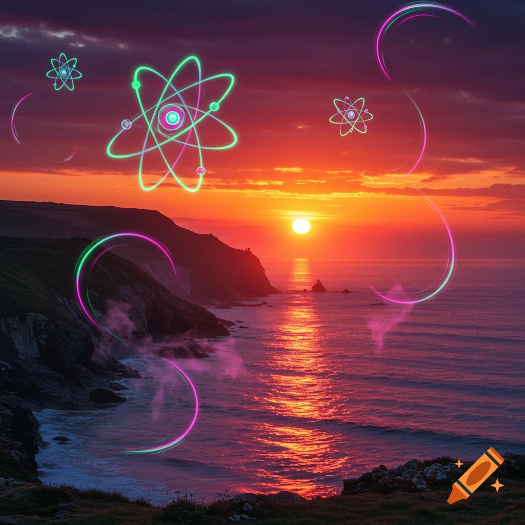 Vibrant neon atoms and abstract rings float over a rocky coastline at sunset, with a rich orange sky reflecting in the ocean.