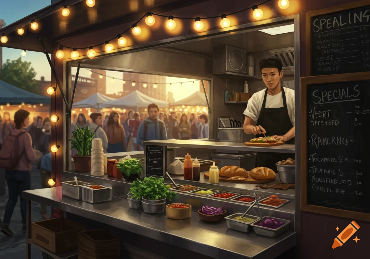 A chef prepares food inside a brightly lit food truck at a bustling outdoor market at sunset.