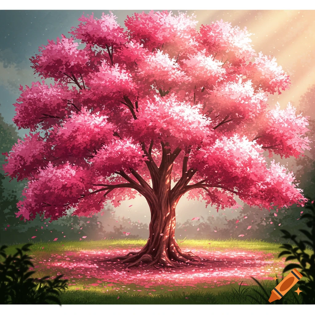 A large, vibrant pink cherry blossom tree stands in a grassy field with fallen petals, bathed in soft sunlight.