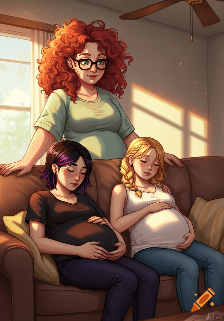 In shojo anime style, a red-haired woman in glasses stands over two pregnant women napping on a living room couch.