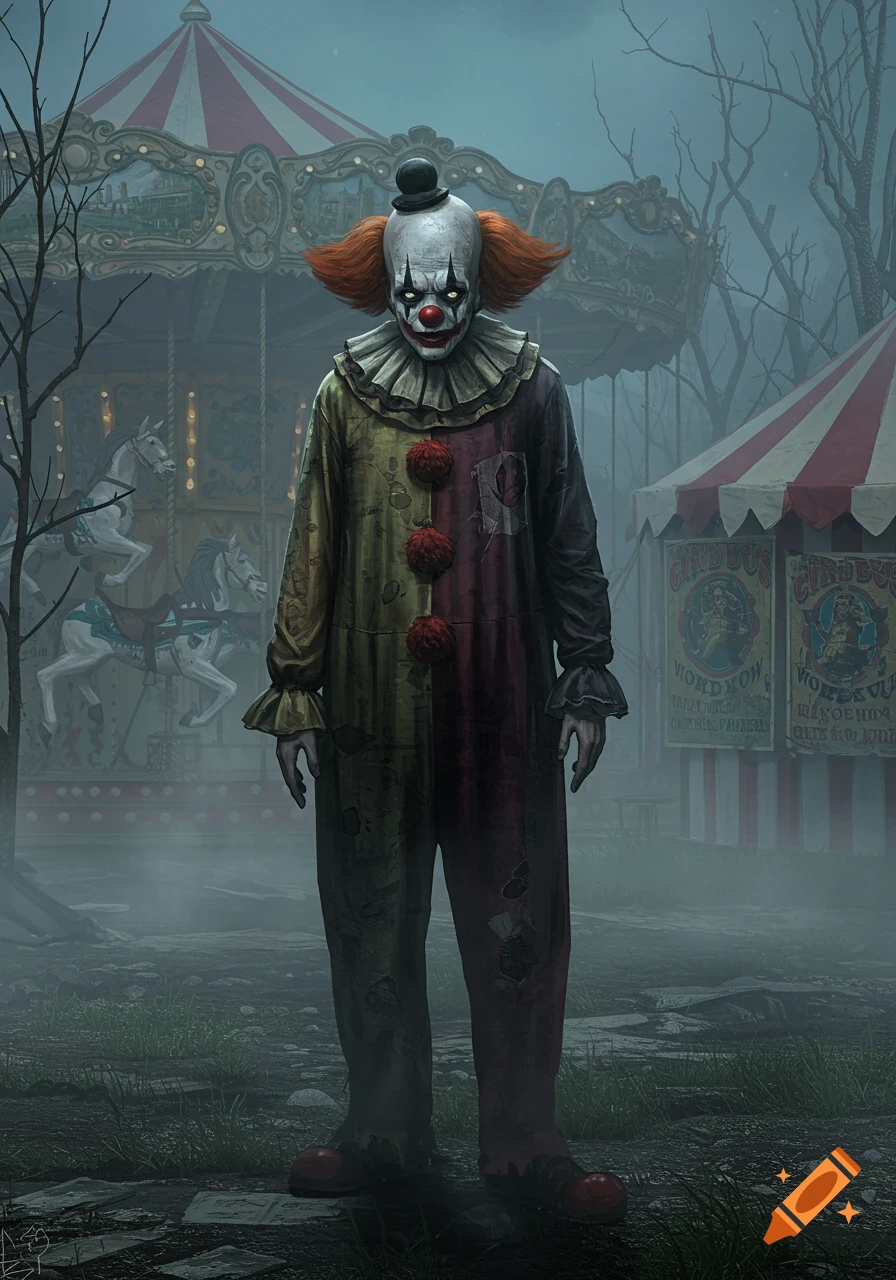 A scary clown stands in a foggy, abandoned carnival with a carousel and striped tent in the background.
