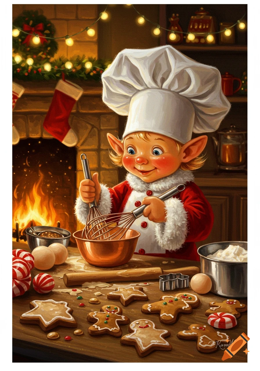 A cheerful elf in a chef's hat bakes gingerbread cookies by a cozy Christmas fireplace, whisking ingredients in a copper bowl.