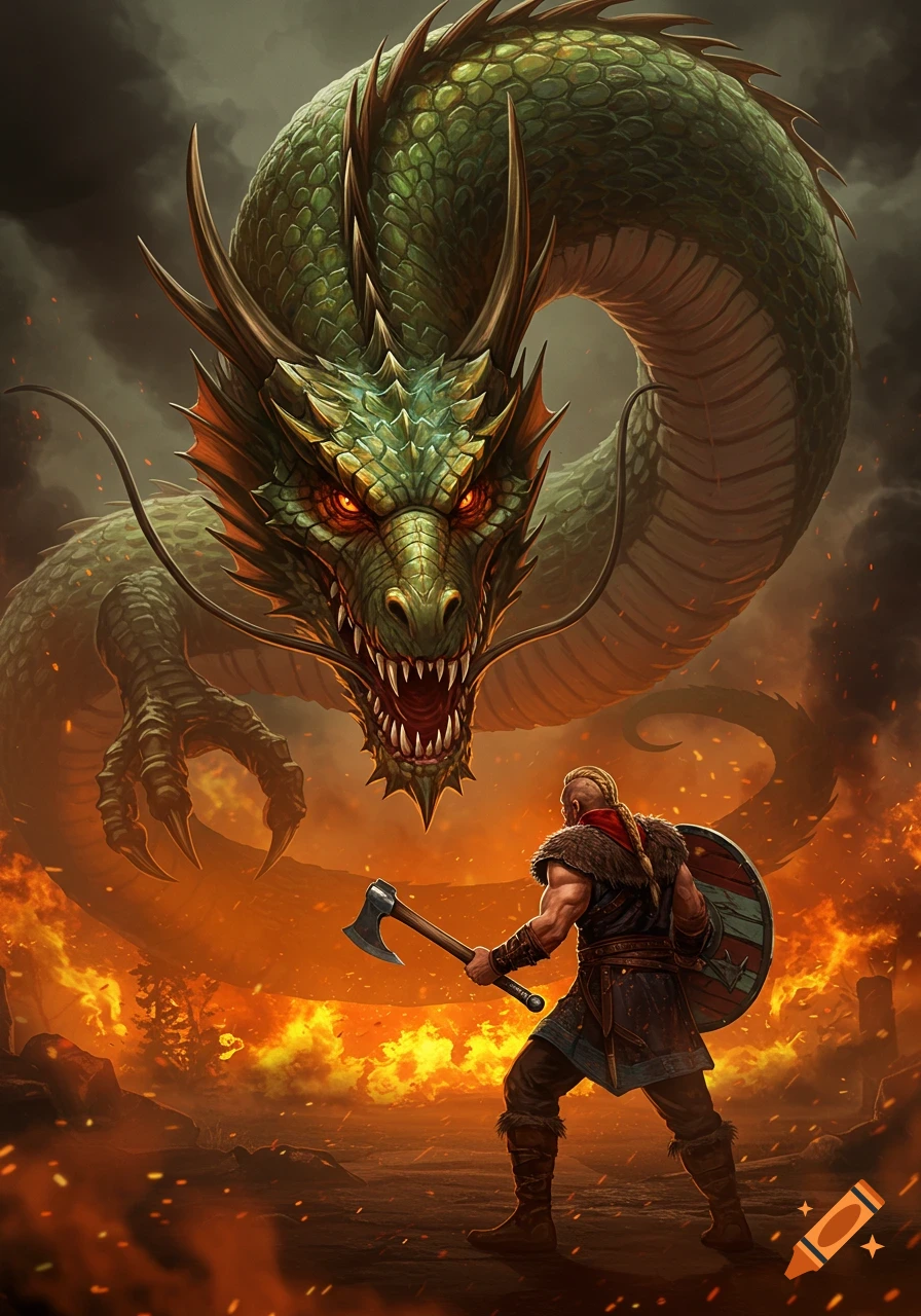 A Viking warrior with an axe and shield faces a large green dragon amidst a fiery, smoky battlefield.