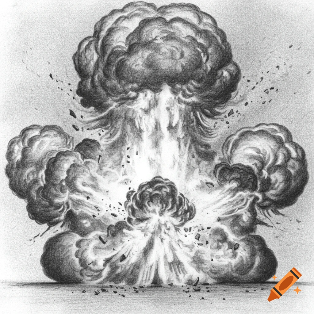A detailed pencil drawing of a large explosion, featuring a towering mushroom cloud of smoke and debris scattering outwards.
