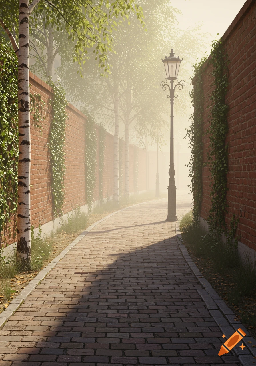 A narrow cobblestone path winding between ivy-covered brick walls and birch trees, with a street lamp in a misty, foggy setting.