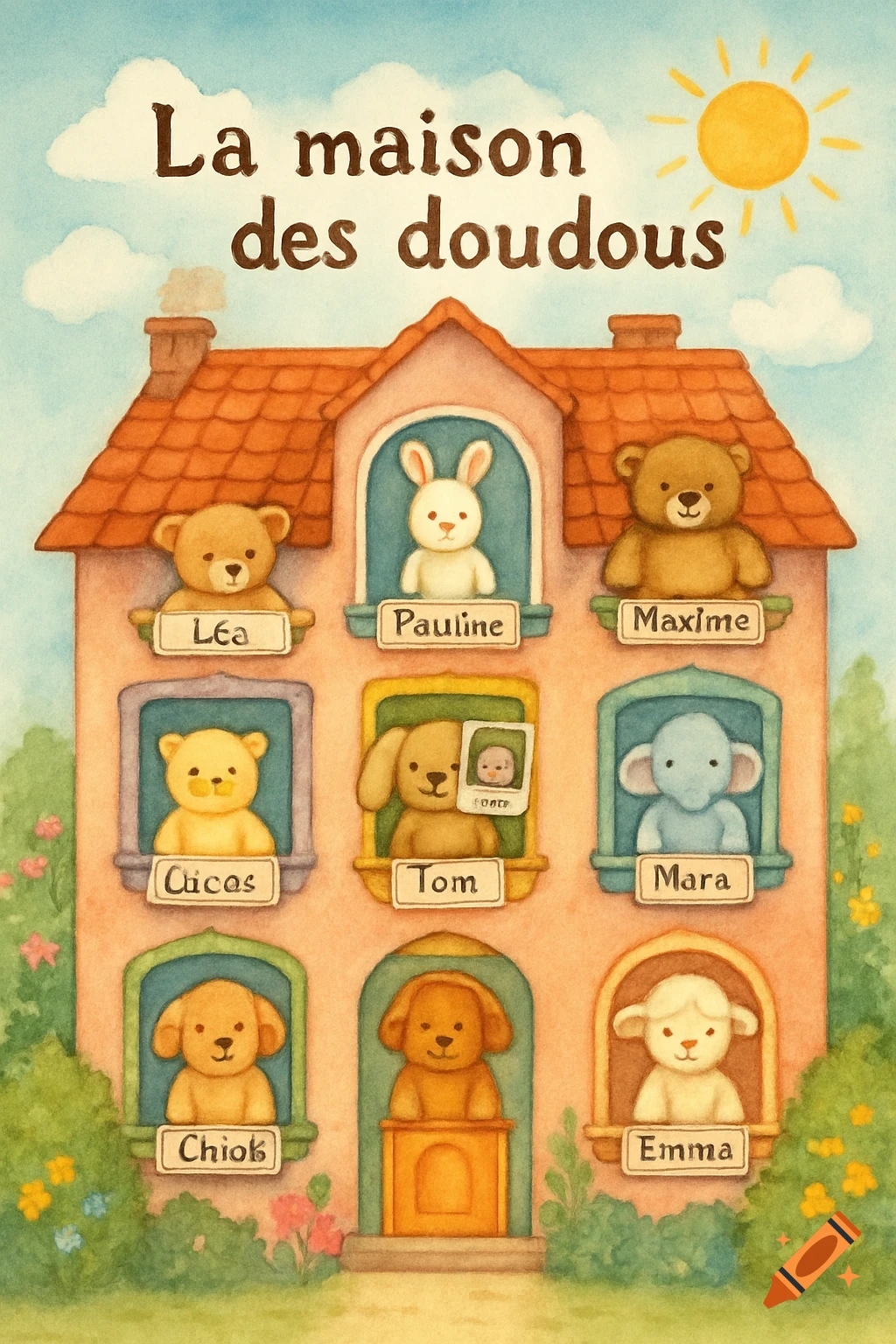 A whimsical watercolor illustration of "La maison des doudous" (The house of plush toys) with a sun and clouds, featuring a house with multiple windows, each occupied by a different plush animal like a bear, bunny, dog, elephant, and lamb, with a name tag below each window.