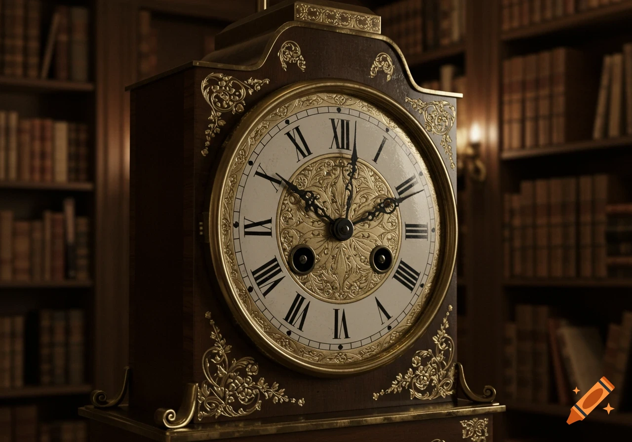 Ornate antique wooden mantle clock with gold filigree and Roman numerals, showing 12:10, in a dimly lit library.