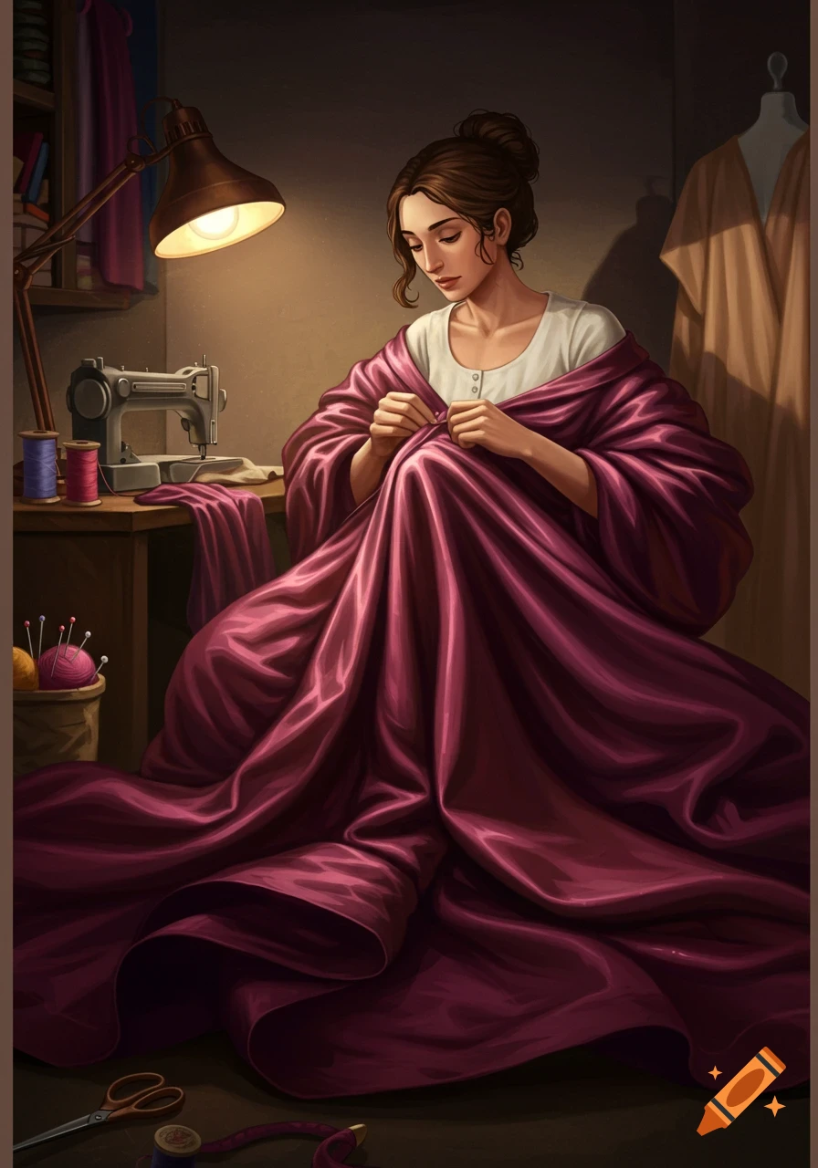 A woman sits at a table, sewing a flowing magenta garment under a warm lamp.