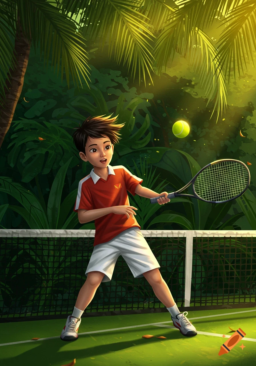 An illustrated boy in a red shirt and white shorts plays tennis on a green court surrounded by tropical plants.