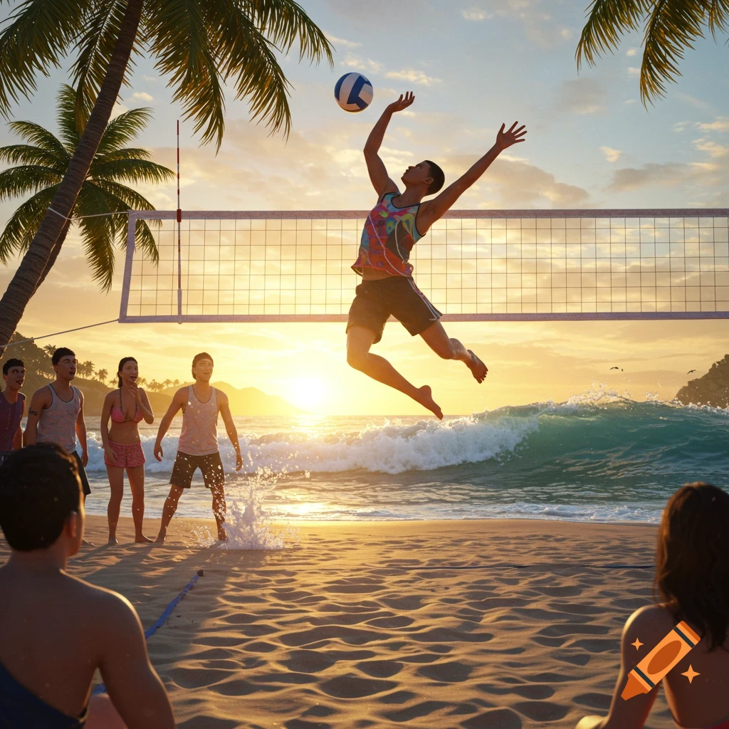 A person jumps to spike a volleyball on a beach at sunset, with other players, palm trees, and ocean waves.